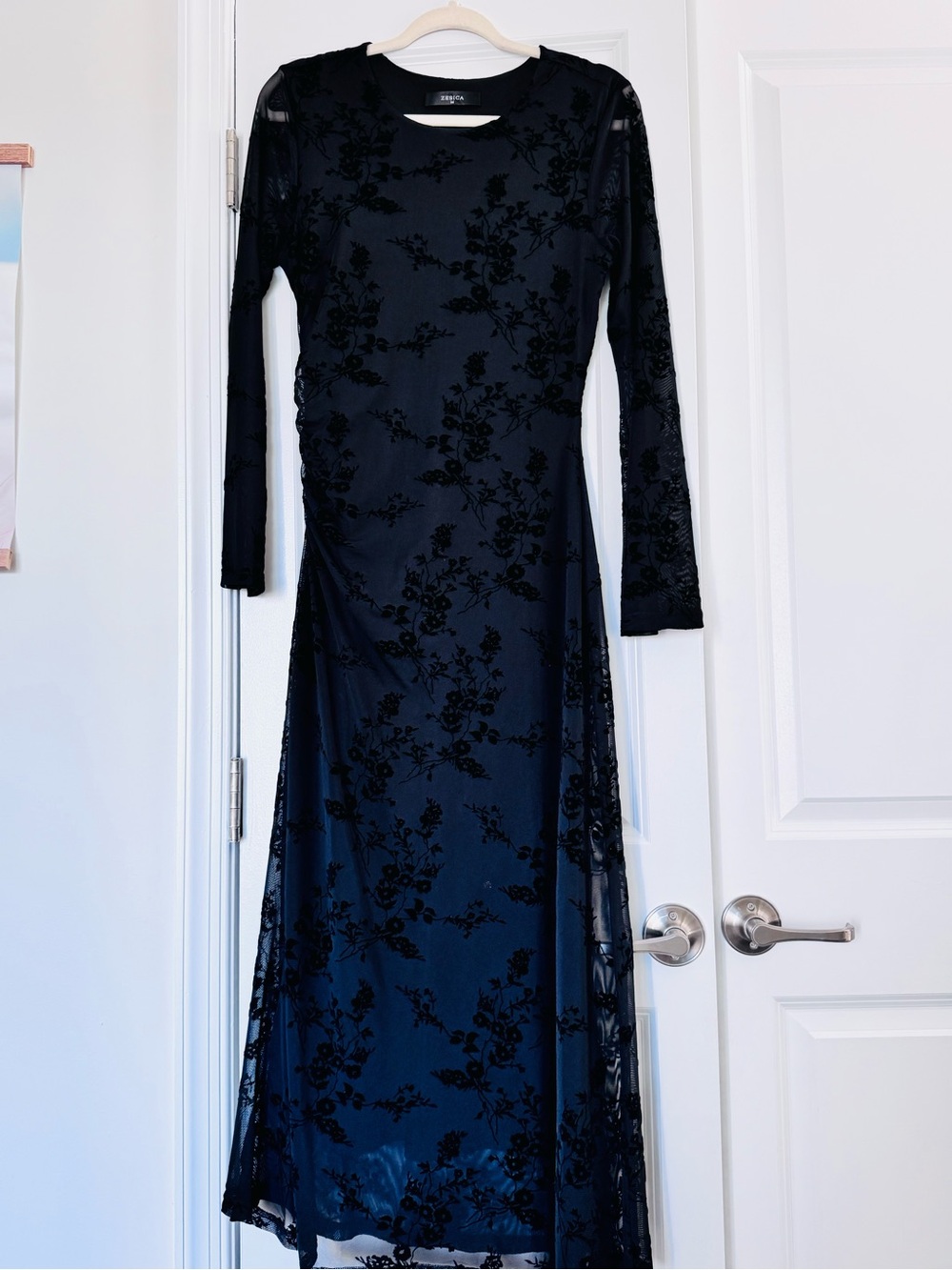 Black Long-Sleeve Floral Burnout Maxi Dress